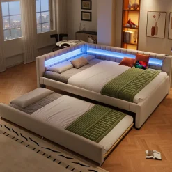 Okwish Lit Gigogne 140x200 cm - Lit Adulte avec Sommier Coulissant et LED Télécommandée, Revêtement en Lin - sans Matelas - Beige