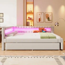 Okwish Lit Gigogne 140x200 cm - Lit Adulte avec Sommier Coulissant et LED Télécommandée, Revêtement en Lin - sans Matelas - Beige