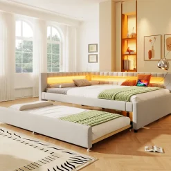 Okwish Lit Gigogne 140x200 cm - Lit Adulte avec Sommier Coulissant et LED Télécommandée, Revêtement en Lin - sans Matelas - Beige