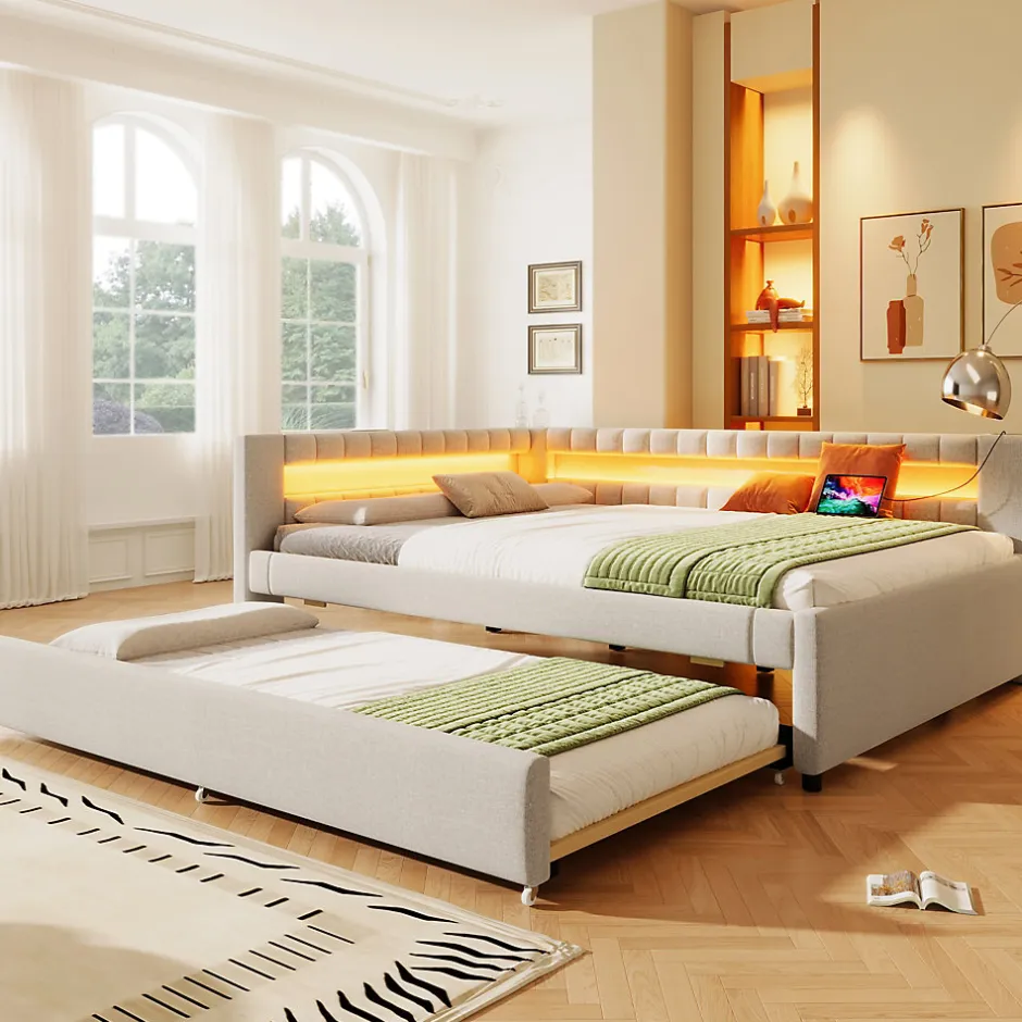Okwish Lit Gigogne 140x200 cm - Lit Adulte avec Sommier Coulissant et LED Télécommandée, Revêtement en Lin - sans Matelas - Beige