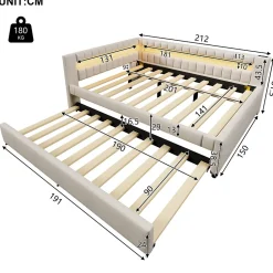 Okwish Lit Gigogne 140x200 cm - Lit Adulte avec Sommier Coulissant et LED Télécommandée, Revêtement en Lin - sans Matelas - Beige