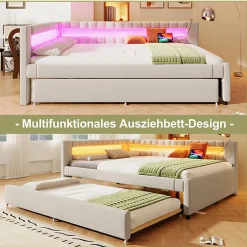 Okwish Lit Gigogne 140x200 cm - Lit Adulte avec Sommier Coulissant et LED Télécommandée, Revêtement en Lin - sans Matelas - Beige
