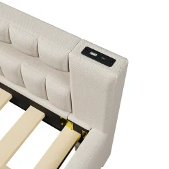 Okwish Lit Gigogne 140x200 cm - Lit Adulte avec Sommier Coulissant et LED Télécommandée, Revêtement en Lin - sans Matelas - Beige