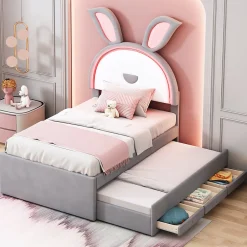 Okwish Lit Gigogne 90x200 cm - Lit avec Tiroirs de Rangement et Éclairage LED Changeant, en Velours Gris, Sans Matelas
