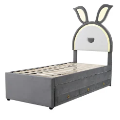 Okwish Lit Gigogne 90x200 cm - Lit avec Tiroirs de Rangement et Éclairage LED Changeant, en Velours Gris, Sans Matelas
