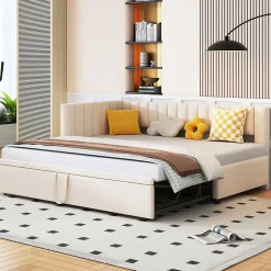 Okwish Lit Gigogne 90/180x200 cm - Lit avec Canapé-Lit Coulissant, Multifonction pour enfants et Invités, en Velours Beige, Sans Matelas Discount
