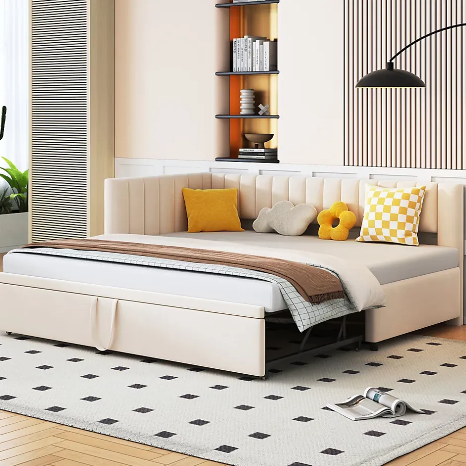 Okwish Lit Gigogne 90/180x200 cm - Lit avec Canapé-Lit Coulissant, Multifonction pour enfants et Invités, en Velours Beige, Sans Matelas Discount