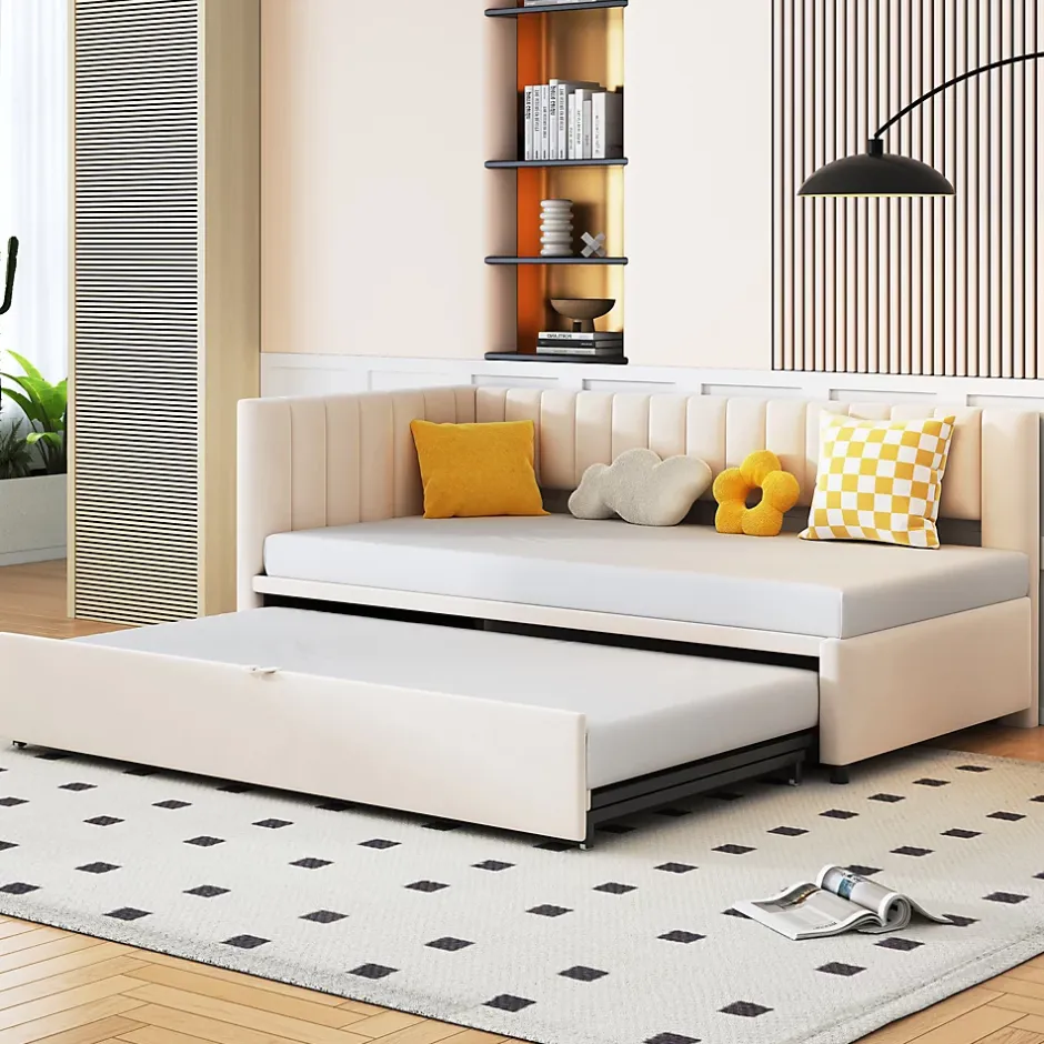 Okwish Lit Gigogne 90/180x200 cm - Lit avec Canapé-Lit Coulissant, Multifonction pour enfants et Invités, en Velours Beige, Sans Matelas Discount