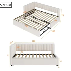 Okwish Lit Gigogne 90/180x200 cm - Lit avec Canapé-Lit Coulissant, Multifonction pour enfants et Invités, en Velours Beige, Sans Matelas Discount