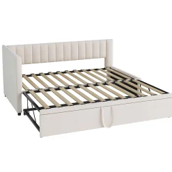 Okwish Lit Gigogne 90/180x200 cm - Lit avec Canapé-Lit Coulissant, Multifonction pour enfants et Invités, en Velours Beige, Sans Matelas Discount