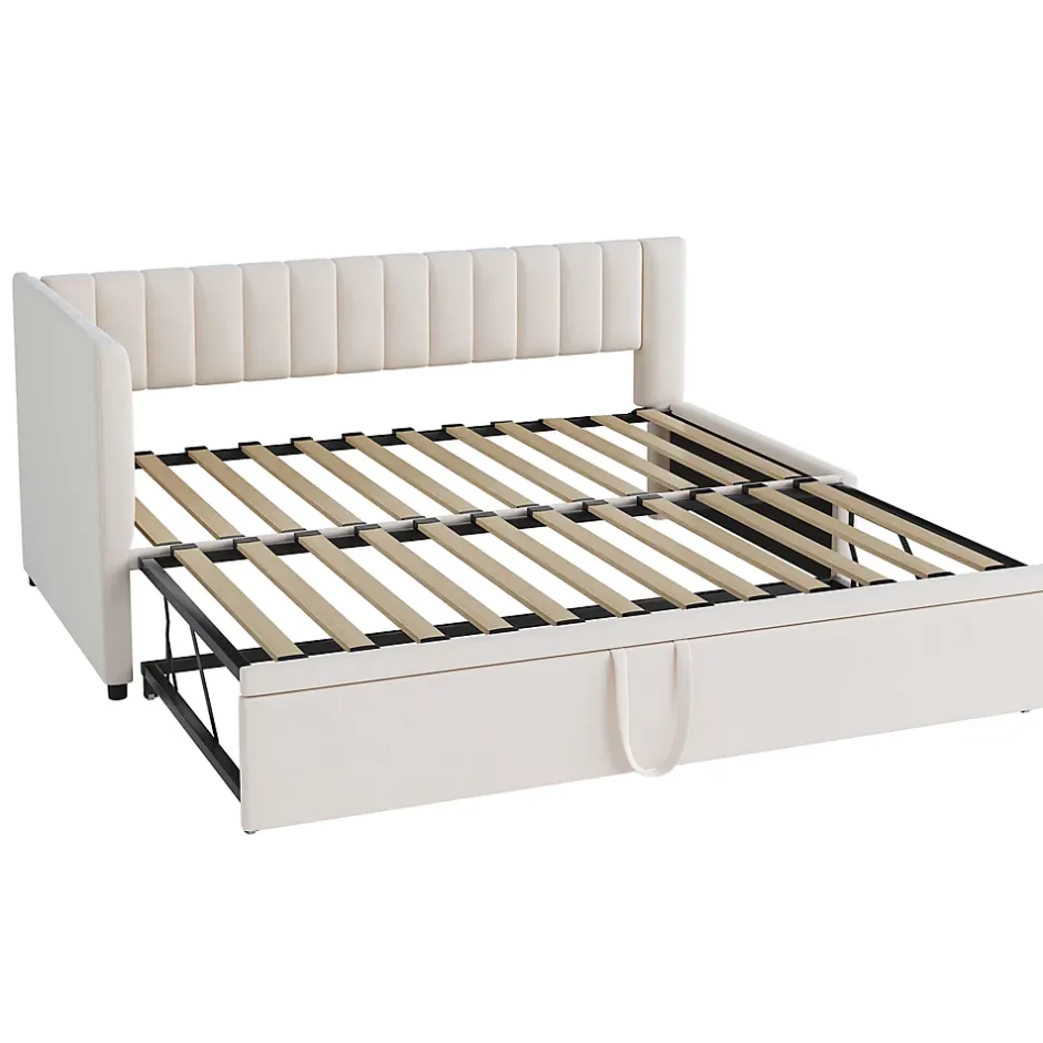 Okwish Lit Gigogne 90/180x200 cm - Lit avec Canapé-Lit Coulissant, Multifonction pour enfants et Invités, en Velours Beige, Sans Matelas Discount