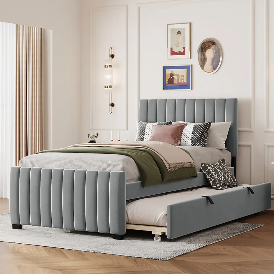 Okwish Lit Gigogne 90x190 cm - Lit avec Lit Supplémentaire, Tissu Velours Doux, Gris, Sans Matelas