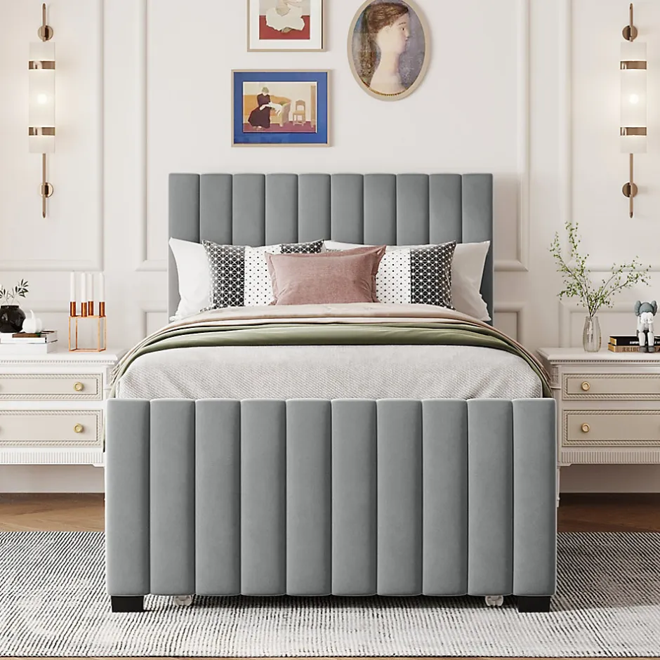Okwish Lit Gigogne 90x190 cm - Lit avec Lit Supplémentaire, Tissu Velours Doux, Gris, Sans Matelas