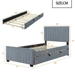 Okwish Lit Gigogne 90x190 cm - Lit avec Lit Supplémentaire, Tissu Velours Doux, Gris, Sans Matelas