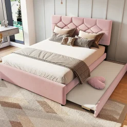Okwish Lit Gigogne 140x200 cm - Lit Banquette Double Rembourré avec Sommier - Velours + MDF - Sans Matelas - Rose