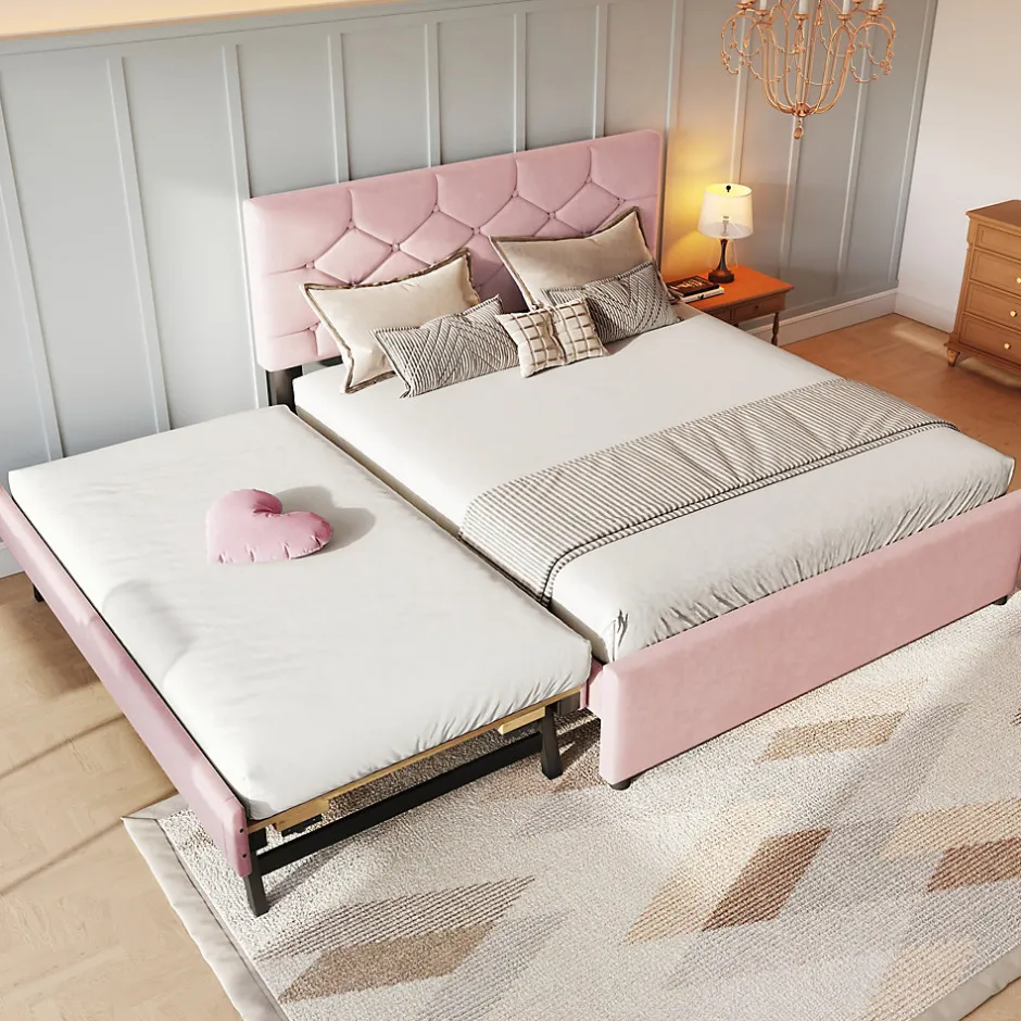 Okwish Lit Gigogne 140x200 cm - Lit Banquette Double Rembourré avec Sommier - Velours + MDF - Sans Matelas - Rose