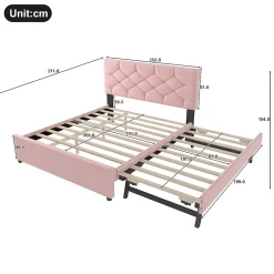 Okwish Lit Gigogne 140x200 cm - Lit Banquette Double Rembourré avec Sommier - Velours + MDF - Sans Matelas - Rose