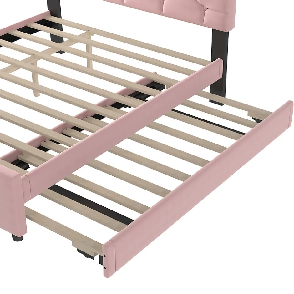 Okwish Lit Gigogne 140x200 cm - Lit Banquette Double Rembourré avec Sommier - Velours + MDF - Sans Matelas - Rose