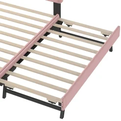 Okwish Lit Gigogne 140x200 cm - Lit Banquette Double Rembourré avec Sommier - Velours + MDF - Sans Matelas - Rose