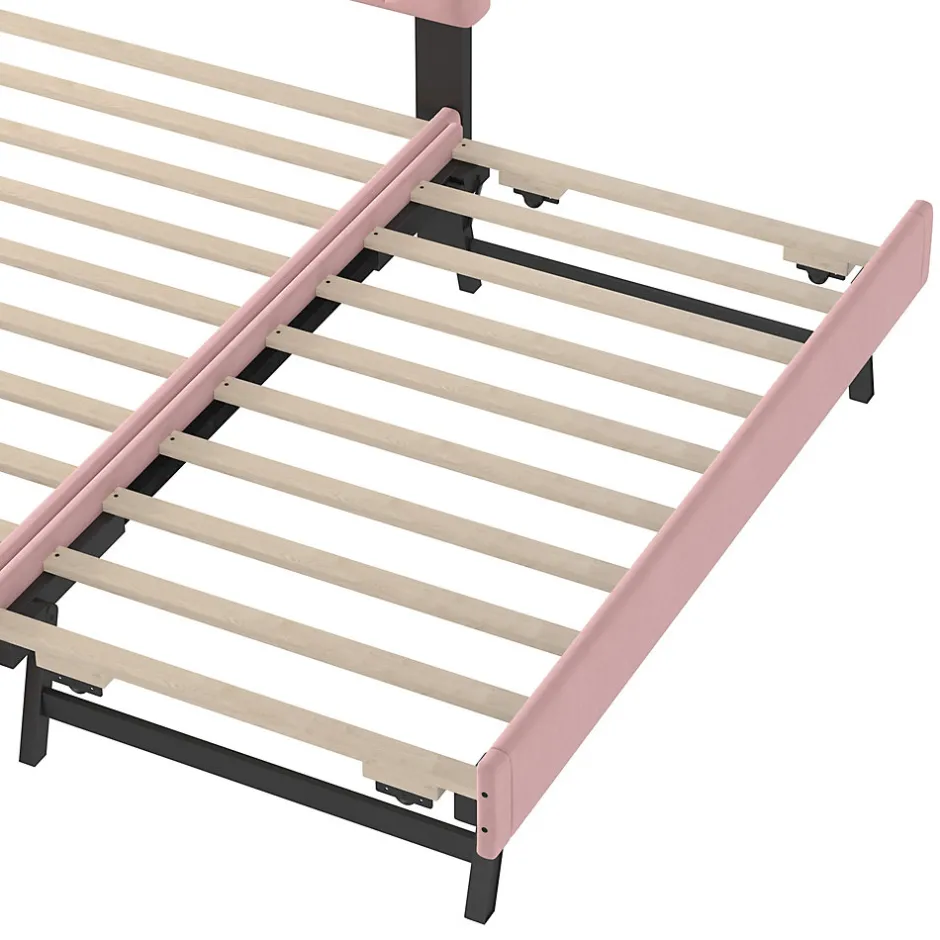 Okwish Lit Gigogne 140x200 cm - Lit Banquette Double Rembourré avec Sommier - Velours + MDF - Sans Matelas - Rose