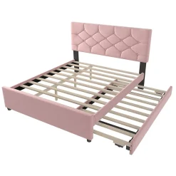 Okwish Lit Gigogne 140x200 cm - Lit Banquette Double Rembourré avec Sommier - Velours + MDF - Sans Matelas - Rose