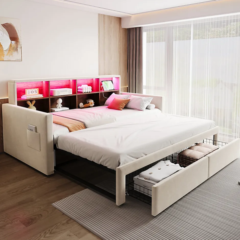 Okwish Lit Gigogne 90x190 cm - Lit Capitonné avec LED, 2 Tiroirs et Compartiments pour Enfant - Velours, MDF, Beige - sans Matelas