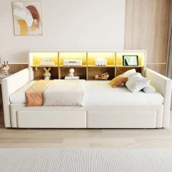 Okwish Lit Gigogne 90x190 cm - Lit Capitonné avec LED, 2 Tiroirs et Compartiments pour Enfant - Velours, MDF, Beige - sans Matelas