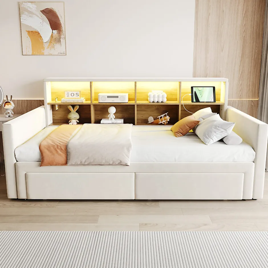 Okwish Lit Gigogne 90x190 cm - Lit Capitonné avec LED, 2 Tiroirs et Compartiments pour Enfant - Velours, MDF, Beige - sans Matelas