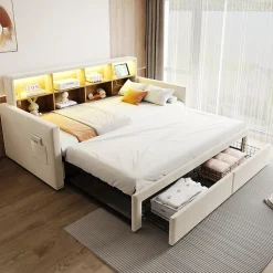 Okwish Lit Gigogne 90x190 cm - Lit Capitonné avec LED, 2 Tiroirs et Compartiments pour Enfant - Velours, MDF, Beige - sans Matelas