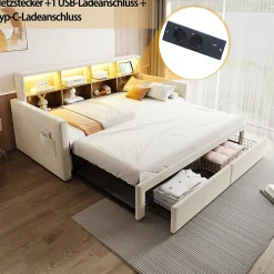 Okwish Lit Gigogne 90x190 cm - Lit Capitonné avec LED, 2 Tiroirs et Compartiments pour Enfant - Velours, MDF, Beige - sans Matelas