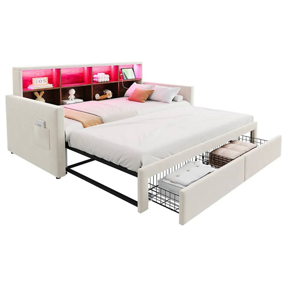 Okwish Lit Gigogne 90x190 cm - Lit Capitonné avec LED, 2 Tiroirs et Compartiments pour Enfant - Velours, MDF, Beige - sans Matelas