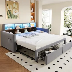 Okwish Lit Gigogne 90x190 cm - Lit Capitonné avec LED, 2 Tiroirs et Compartiments pour Enfant - Velours, MDF, Gris Clair - sans Matelas