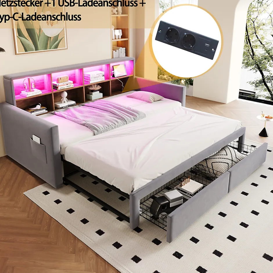 Okwish Lit Gigogne 90x190 cm - Lit Capitonné avec LED, 2 Tiroirs et Compartiments pour Enfant - Velours, MDF, Gris Clair - sans Matelas