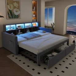 Okwish Lit Gigogne 90x190 cm - Lit Capitonné avec LED, 2 Tiroirs et Compartiments pour Enfant - Velours, MDF, Gris Clair - sans Matelas