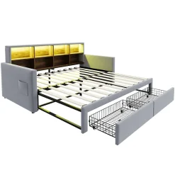 Okwish Lit Gigogne 90x190 cm - Lit Capitonné avec LED, 2 Tiroirs et Compartiments pour Enfant - Velours, MDF, Gris Clair - sans Matelas