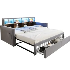 Okwish Lit Gigogne 90x190 cm - Lit Capitonné avec LED, 2 Tiroirs et Compartiments pour Enfant - Velours, MDF, Gris Clair - sans Matelas