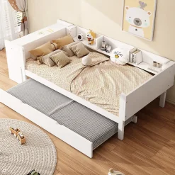 Okwish Lit Gigogne 90x200 cm - Lit Combiné enfant avec Bureau et 3 Étagères - Sans Matelas - Blanc