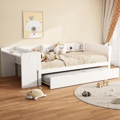 Okwish Lit Gigogne 90x200 cm - Lit Combiné enfant avec Bureau et 3 Étagères - Sans Matelas - Blanc