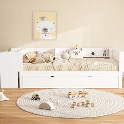 Okwish Lit Gigogne 90x200 cm - Lit Combiné enfant avec Bureau et 3 Étagères - Sans Matelas - Blanc