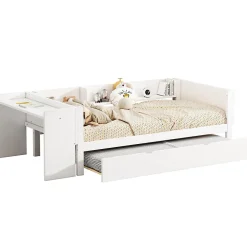 Okwish Lit Gigogne 90x200 cm - Lit Combiné enfant avec Bureau et 3 Étagères - Sans Matelas - Blanc