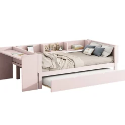 Okwish Lit Gigogne 90x200 cm - Lit Combiné enfant avec Bureau et 3 Étagères - Sans Matelas - Rose Clearance