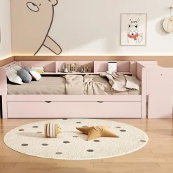 Okwish Lit Gigogne 90x200 cm - Lit Combiné enfant avec Bureau et 3 Étagères - Sans Matelas - Rose Clearance