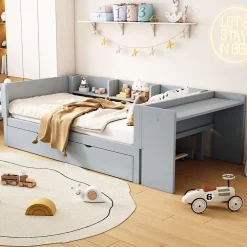 Okwish Lit Gigogne 90x200 cm - Lit Combiné enfant avec Bureau et 3 Étagères - Sans Matelas - Gris Best