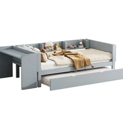 Okwish Lit Gigogne 90x200 cm - Lit Combiné enfant avec Bureau et 3 Étagères - Sans Matelas - Gris Best