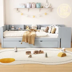 Okwish Lit Gigogne 90x200 cm - Lit Combiné enfant avec Bureau et 3 Étagères - Sans Matelas - Gris Best