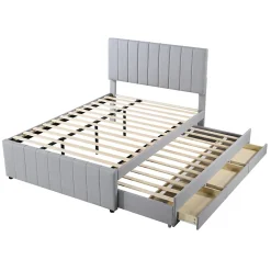 Okwish Lit Gigogne 140x200 cm - Lit Double avec Tiroirs et Lit enfant 90x190 cm, Structure en MDF et Lin, Sans Matelas - Gris Hot