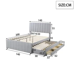 Okwish Lit Gigogne 140x200 cm - Lit Double avec Tiroirs et Lit enfant 90x190 cm, Structure en MDF et Lin, Sans Matelas - Gris Hot