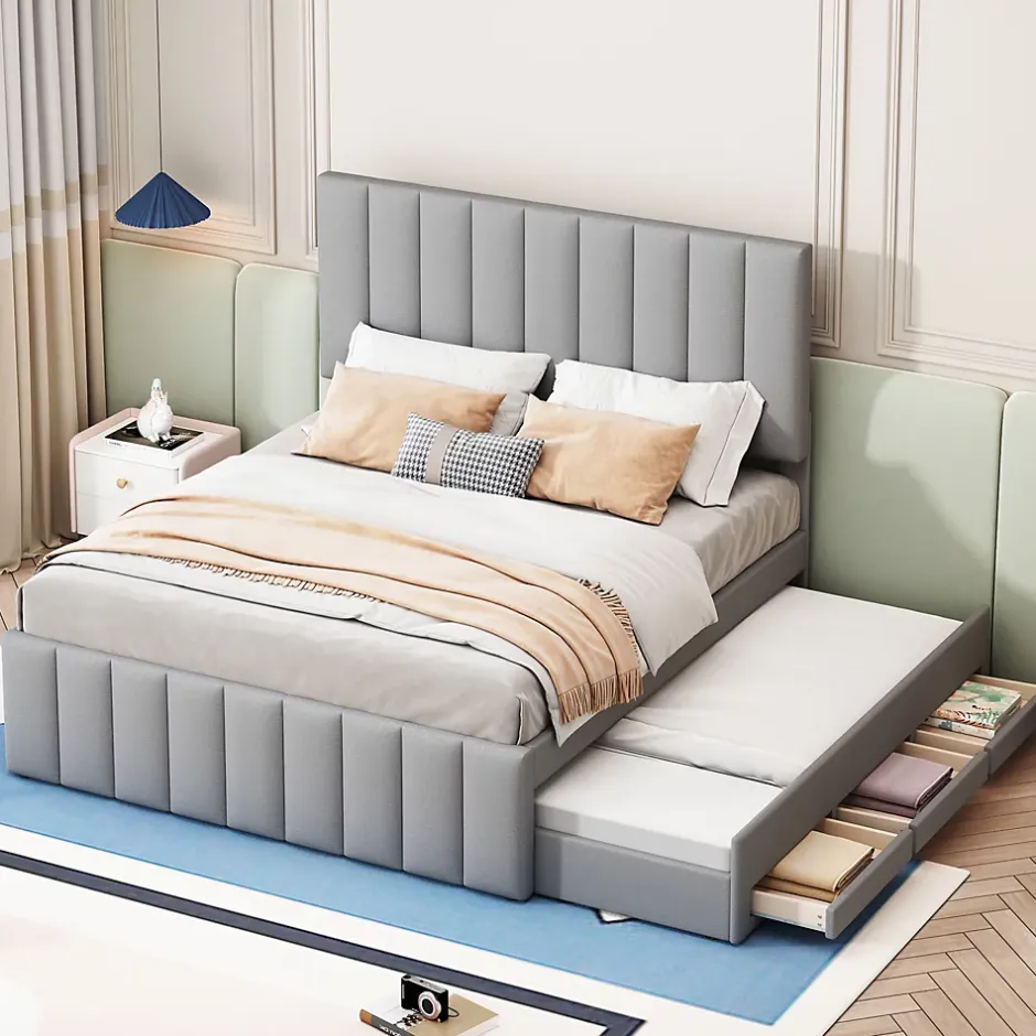 Okwish Lit Gigogne 140x200 cm - Lit Double avec Tiroirs et Lit enfant 90x190 cm, Structure en MDF et Lin, Sans Matelas - Gris Hot