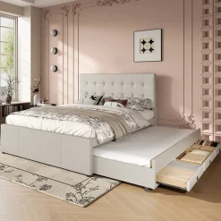 Okwish Lit Gigogne 140x200 cm - Lit Double Ado avec Tête de Lit Réglable et 3 Tiroirs - Sans Matelas - Lin Beige