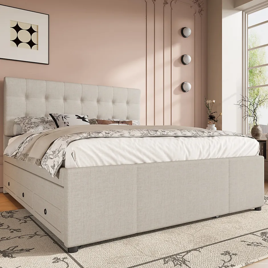 Okwish Lit Gigogne 140x200 cm - Lit Double Ado avec Tête de Lit Réglable et 3 Tiroirs - Sans Matelas - Lin Beige